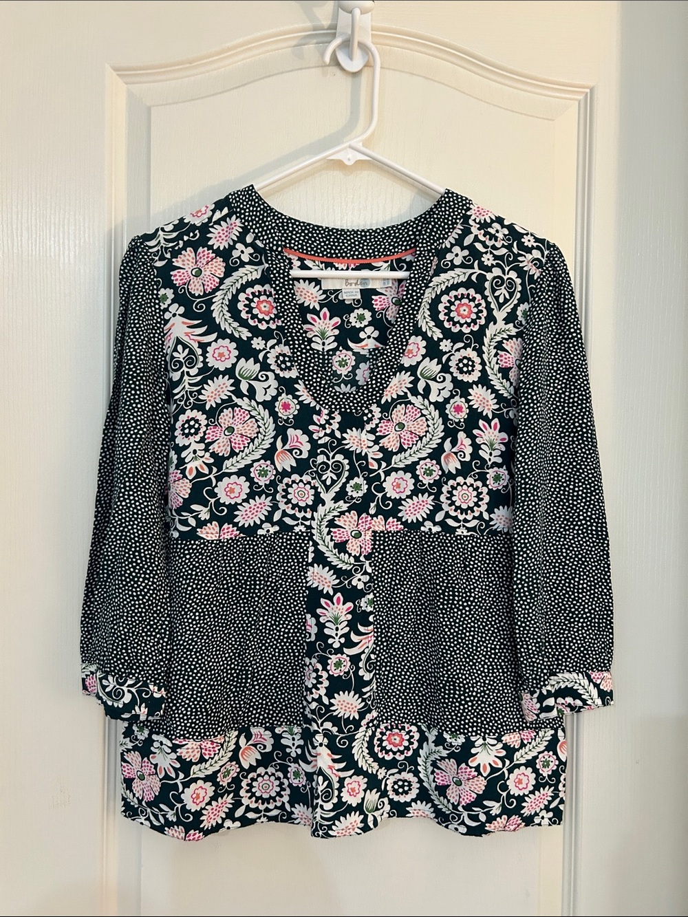 Boden Black Floral Patchwork V-Neck Blouse with Pink Accents